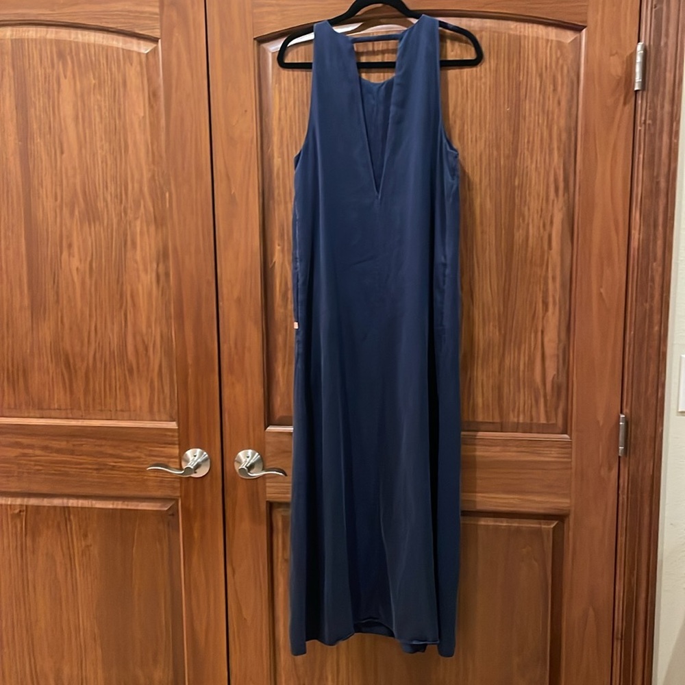 Lunya Washable Silk Racer Maxi Dress Navy Blue Deep V-Back Slit Minimalist L/XL - Picture 11 of 15